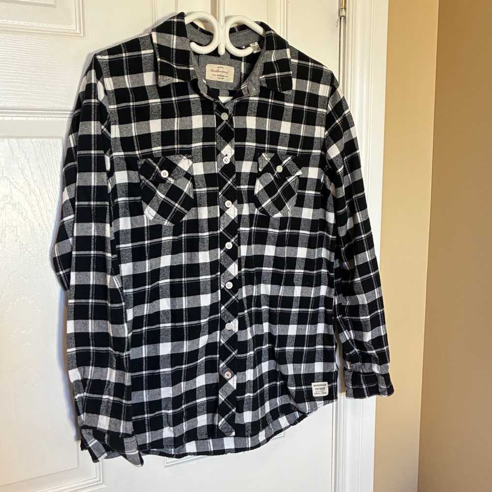 Weatherproof Vintage Black White Plaid Flannel Shirt Women’s L 100% Cotton